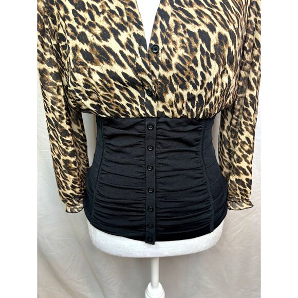 INC Animal Print Satin Ruffled Jacquard Blouse Spandex Long Sleeve Top Women NWT - Picture 6 of 9